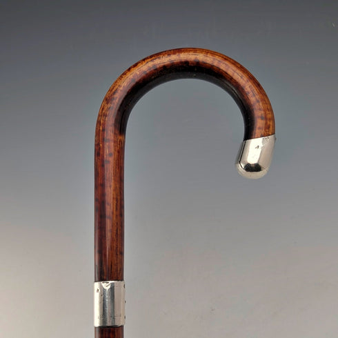 1925年 英国アンティーク 茶軸 曲がりハンドル 純銀装飾 軽量ステッキ 杖 86cm C&S