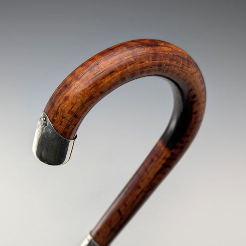 1925年 英国アンティーク 茶軸 曲がりハンドル 純銀装飾 軽量ステッキ 杖 86cm C&S