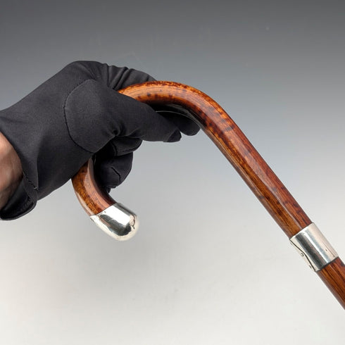 1925年 英国アンティーク 茶軸 曲がりハンドル 純銀装飾 軽量ステッキ 杖 86cm C&S