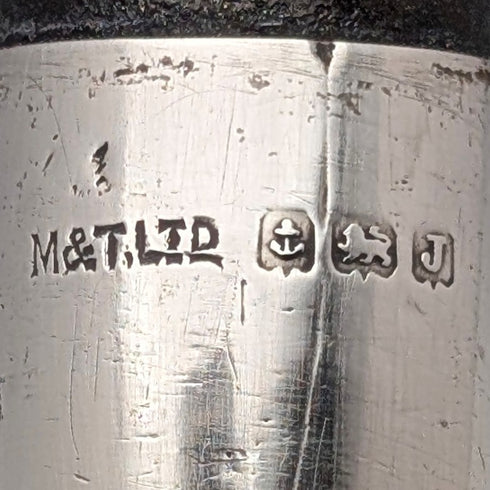 1933 British vintage black shaft, curved handle, pure silver decoration, lightweight walking stick, 94cm, M&T Ltd