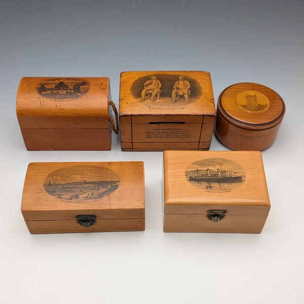 Set of 5 antique British wooden mauchline boxes from around 1900