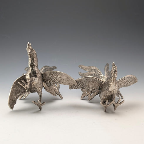 Pair of vintage pewter fighting cock figurines
