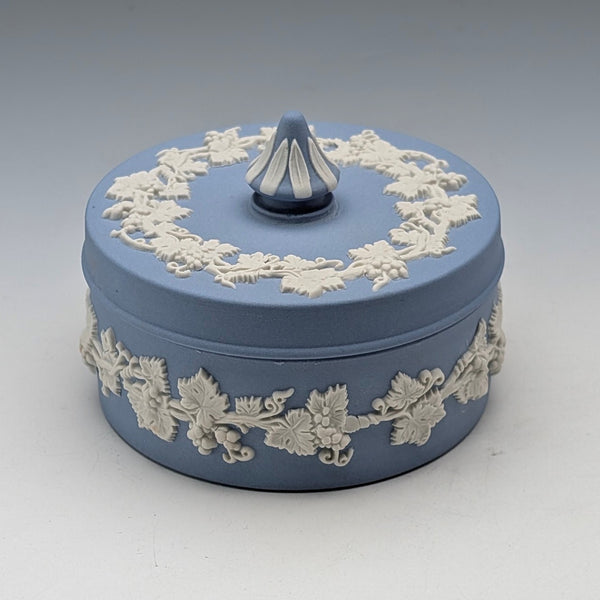 Vintage British Wedgwood Jasperware Round Box for Small Items, Pale Blue