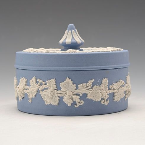 Vintage British Wedgwood Jasperware Round Box for Small Items, Pale Blue