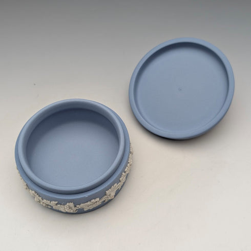 Vintage British Wedgwood Jasperware Round Box for Small Items, Pale Blue