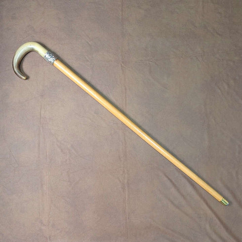 Antique British tan shaft horn bent handle walking stick 83cm