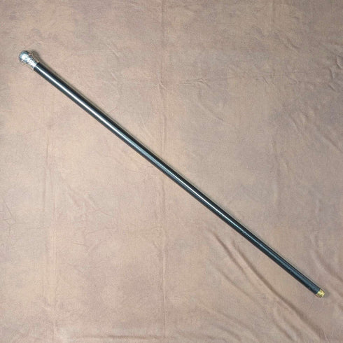 1883 British antique black shaft engraved sterling silver round handle walking stick 89cm