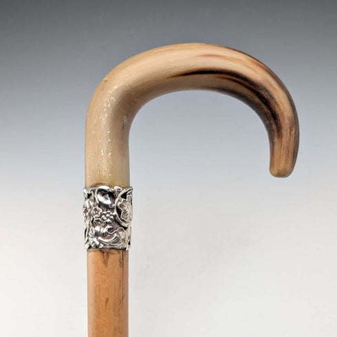 Antique British tan shaft horn bent handle walking stick 83cm