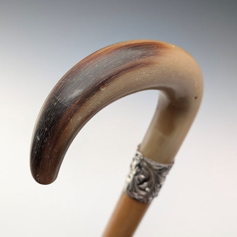 Antique British tan shaft horn bent handle walking stick 83cm