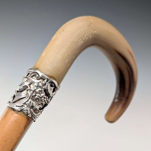 Antique British tan shaft horn bent handle walking stick 83cm