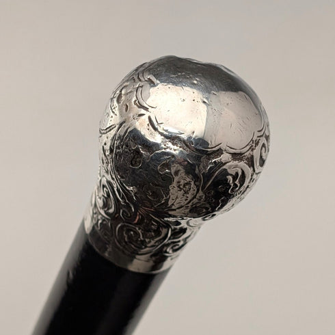 1883 British antique black shaft engraved sterling silver round handle walking stick 89cm