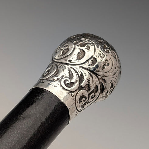 1883 British antique black shaft engraved sterling silver round handle walking stick 89cm