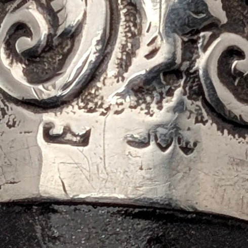 1883年 英国アンティーク ブラックシャフト 彫刻純銀製 丸ハンドル ステッキ 杖 89cm