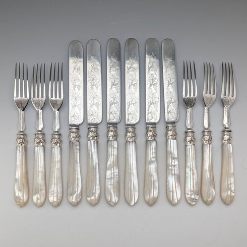 1875年頃 英国アンティーク 白蝶貝ハンドル デザートカトラリー6ペア トレー入