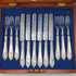 1876 British antique sterling silver blade and white mother of pearl handle cutlery set of 6 in wooden box by James Dixon & Sons