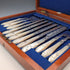 1876 British antique sterling silver blade and white mother of pearl handle cutlery set of 6 in wooden box by James Dixon & Sons