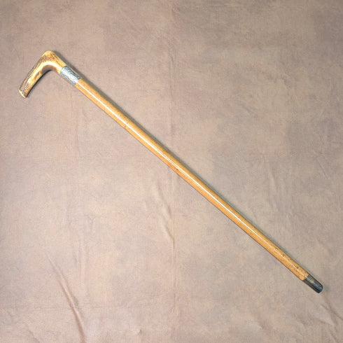 1901 British antique Malacca shaft L-shaped antler handle pure silver decorated walking stick 88cm Henry Howell