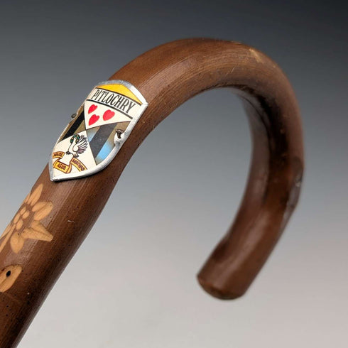 Vintage European Tour Bent Handle Tourist Walking Stick Brown Shaft 92cm