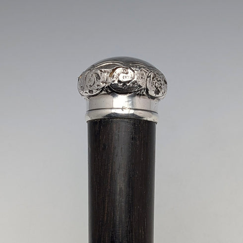 1893年 英国アンティーク ブラックシャフト 純銀製 彫刻丸ハンドル ステッキ 杖 86cm