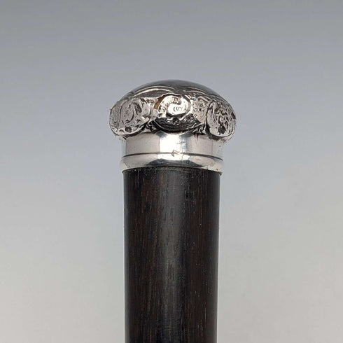 1893 British antique black shaft sterling silver engraved round handle walking stick 86cm