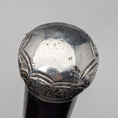 1893 British antique black shaft sterling silver engraved round handle walking stick 86cm