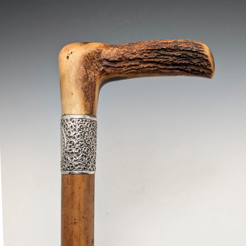 1901 British antique Malacca shaft L-shaped antler handle pure silver decorated walking stick 88cm Henry Howell