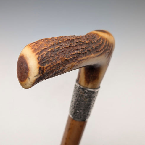 1901 British antique Malacca shaft L-shaped antler handle pure silver decorated walking stick 88cm Henry Howell