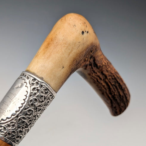 1901 British antique Malacca shaft L-shaped antler handle pure silver decorated walking stick 88cm Henry Howell