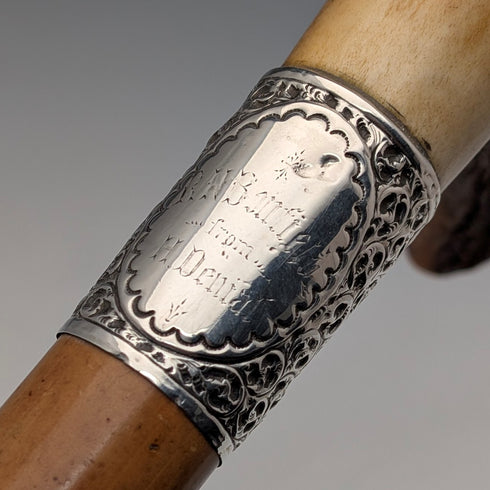 1901年 英国アンティーク マラッカシャフト L字アントラーハンドル 純銀装飾 ステッキ 杖 88cm Henry Howell