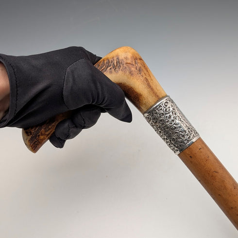 1901年 英国アンティーク マラッカシャフト L字アントラーハンドル 純銀装飾 ステッキ 杖 88cm Henry Howell