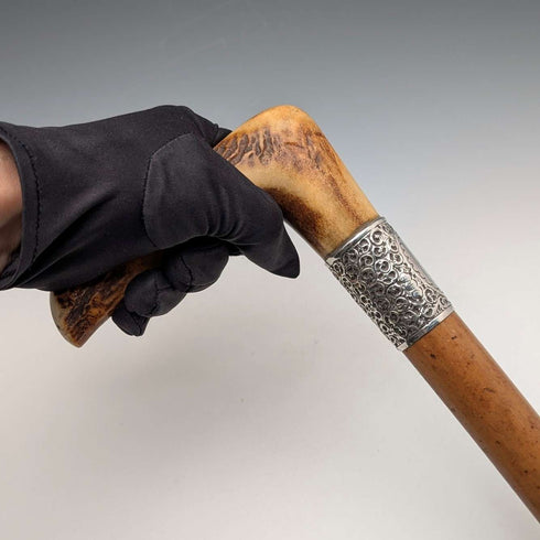 1901 British antique Malacca shaft L-shaped antler handle pure silver decorated walking stick 88cm Henry Howell