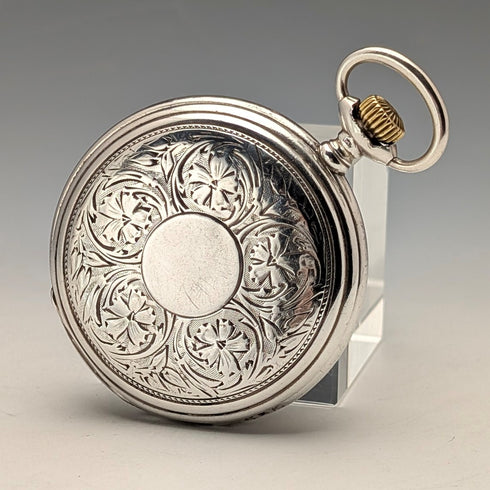 Circa 1908 Antique Longines Pocket Watch with Floral Engravings, Silver Side Hunter Case, Good Working Condition