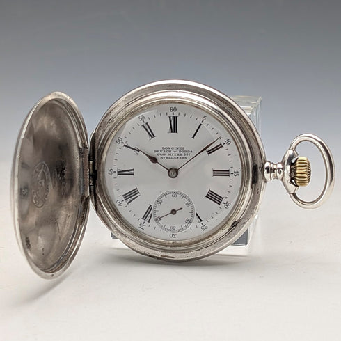 Circa 1908 Antique Longines Pocket Watch with Floral Engravings, Silver Side Hunter Case, Good Working Condition