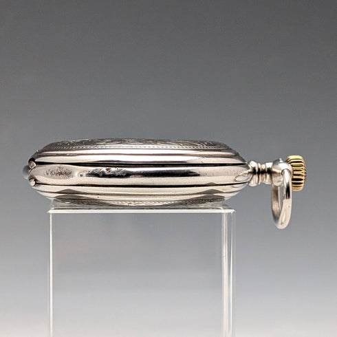 Circa 1908 Antique Longines Pocket Watch with Floral Engravings, Silver Side Hunter Case, Good Working Condition