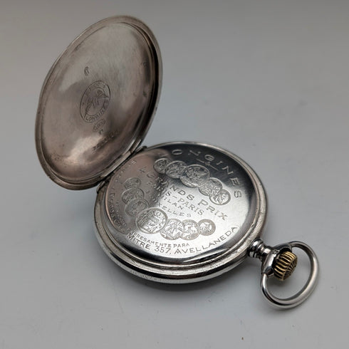 Circa 1908 Antique Longines Pocket Watch with Floral Engravings, Silver Side Hunter Case, Good Working Condition