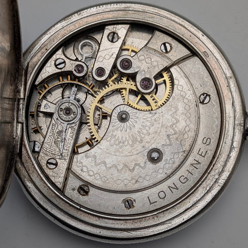 Circa 1908 Antique Longines Pocket Watch with Floral Engravings, Silver Side Hunter Case, Good Working Condition