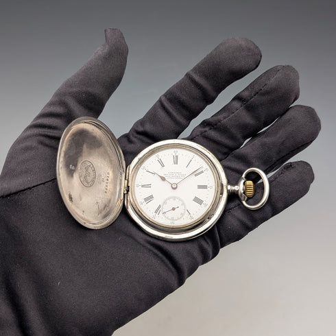Circa 1908 Antique Longines Pocket Watch with Floral Engravings, Silver Side Hunter Case, Good Working Condition