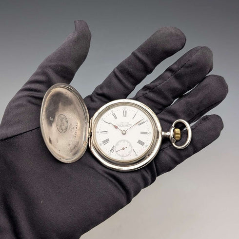 1908年頃 アンティーク ロンジン 懐中時計 フローラル彫刻 銀側ハンターケース 動作良好