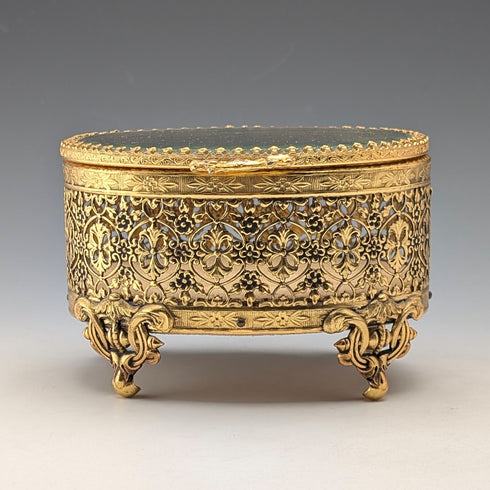 法國復古鍍金玻璃蓋腳珠寶盒