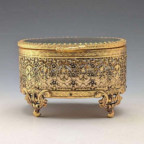 French vintage ormolu footed glass lid jewelry box