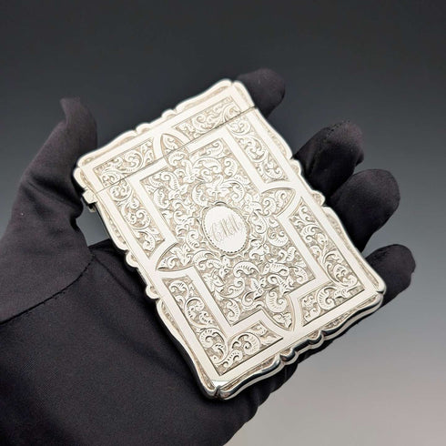 1882 British antique sterling silver card case, 57g, boxed, excellent condition, Frederick Marson