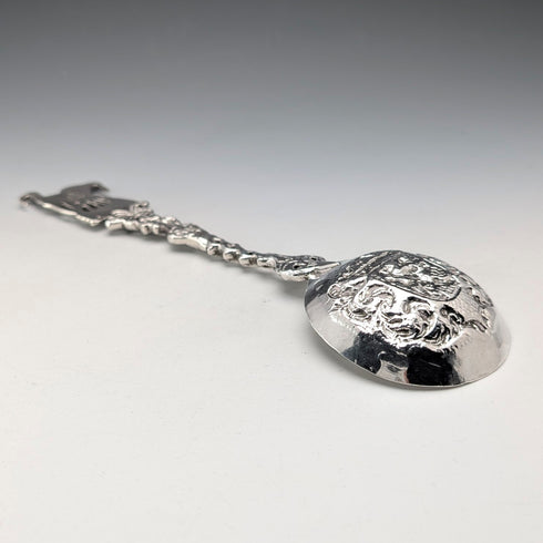 1904 British antique sterling silver large spoon with relief decoration by Samuel Boyce