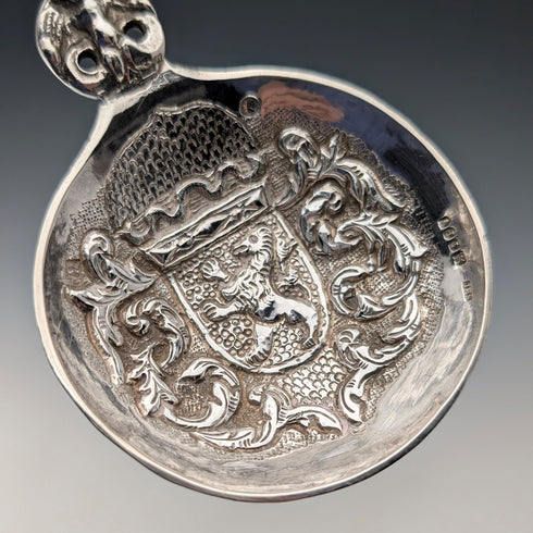 1904 British antique sterling silver large spoon with relief decoration by Samuel Boyce