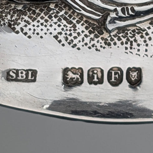 1904 British antique sterling silver large spoon with relief decoration by Samuel Boyce