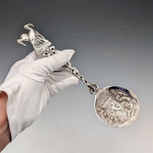 1904 British antique sterling silver large spoon with relief decoration by Samuel Boyce