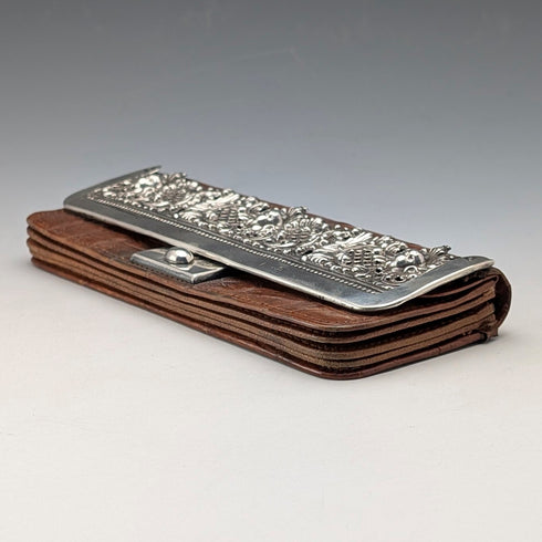 約 1900 年英國古董純銀裝飾小皮革皮夾,帶零錢包 Edward Langridge