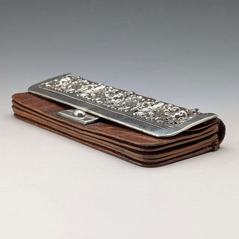 Circa 1900 British antique sterling silver decorated small leather wallet with coin purse Edward Langridge