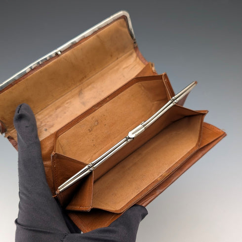 Circa 1900 British antique sterling silver decorated small leather wallet with coin purse Edward Langridge