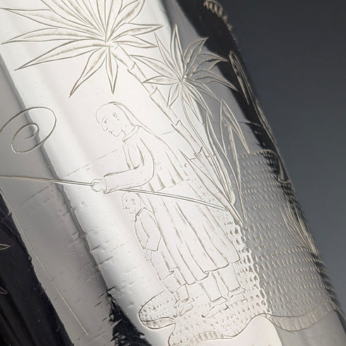 1870 British antique silver plate vase with chinoiserie decoration