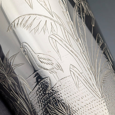 1870 British antique silver plate vase with chinoiserie decoration